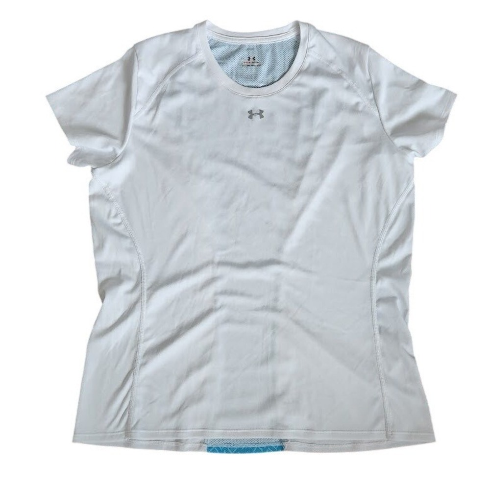 Under Armour HeatGear Women's Short Sleeve Athletic Shirt White Blue Mesh‎ L 112